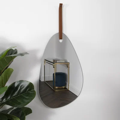 The Range Pebble Shaped Mirror with Brown Leather Hanging Strap - Brown