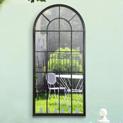 The Range MirrorOutlet Large Black Multi Panelled Arched Window Garden Mirror 4ft7 x 2ft2 - Antique Black