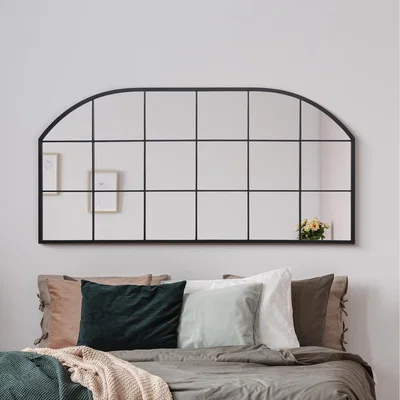 The Range MirrorOutlet The Arcus Metal Framed Window Arched Wall or Mantle Mirror - Black
