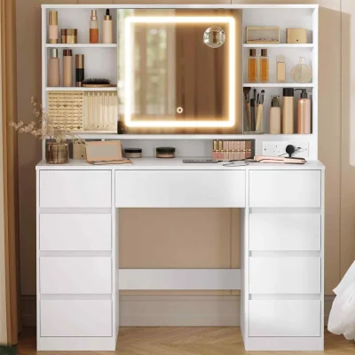 The Range Makeup Vanity LED Mirror 9 Drawers Power Outlet, White - Cloud White