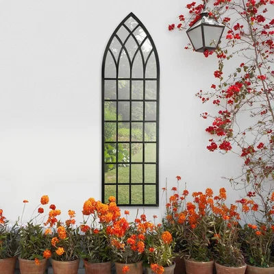 The Range MirrorOutlet Large Metal Arched Black Garden Mirror 140 x 40.5cm - Antique Black