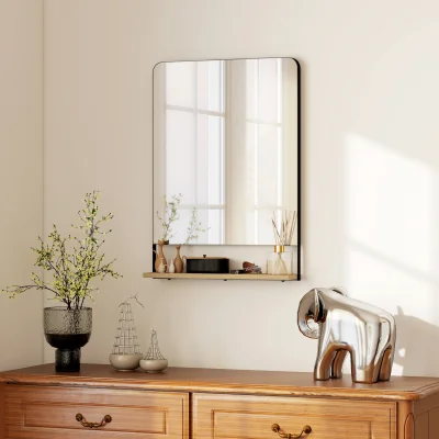 The Range HOMCOM Decorative Mirror with Wood Shelf, Industrial Wall Mirror - Black / 50cm