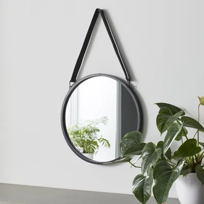 The Range Round Mirror with Leather Strap - Black
