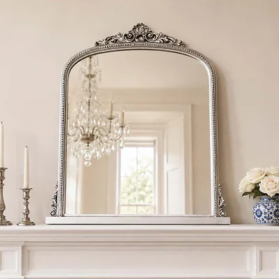 The Range Antique Silver Ornate Arch Overmantle Mirror - 88cm X 100cm