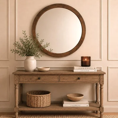 The Range Large Round Solid Mango Wood Wall Mirror - Dark Oak