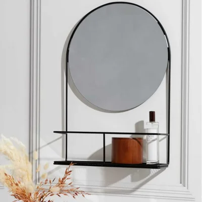 The Range Round Mirror With Shelf  - Black