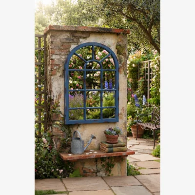 The Range Arched Window Wall Mirror Blue Rustic Frame 69 X 34 CM - Blue Rustic
