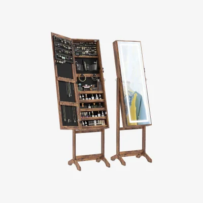 The Range Free Standing Mirror Lockable Jewellery Cabinet 360 Swivel with LED Lights - Rustic Brown