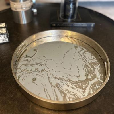 The Range Round Marbled Mirror Tray with Gold Handles - Champagne