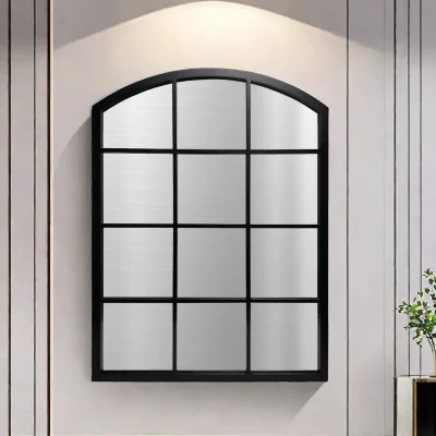 The Range Window Style Grid Mirror Arch Top Plastic Back 76 x 50 Cm - Black