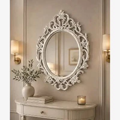 The Range Oval Ornate Baroque Wall Mirror White-Rustic Frame 69x48Cm - Whitey Rustic