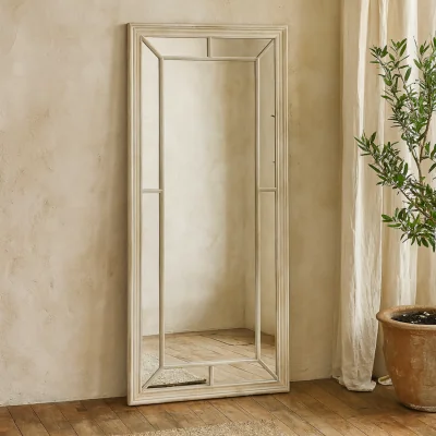The Range Large Whitewashed Wood Windowpane Framed Wall Mirror - Brown