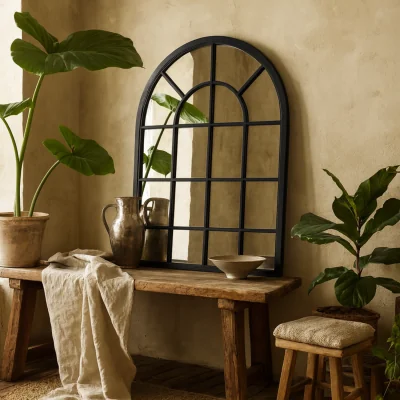 The Range Large Arched Windowpane Mirror Wooden Frame - Black