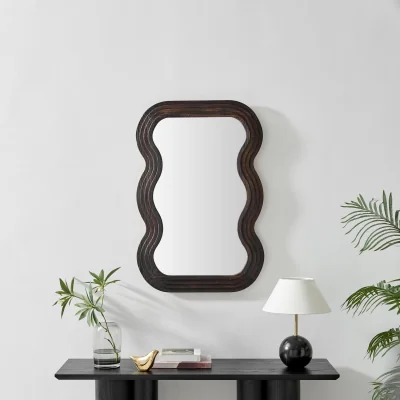 The Range Liora Walnut Wood Medium 90x60cm Rectangle Wavy Wall Mirror - Walnut
