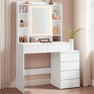 The Range Vanity Table with LED Mirror Drawers Shelves, White - Cloud White