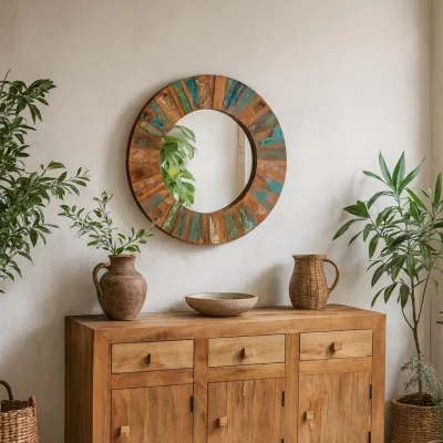 The Range Seattle Reclaimed Wood Large Round Mirror Frame - Teal, Turquoise, Sandy
