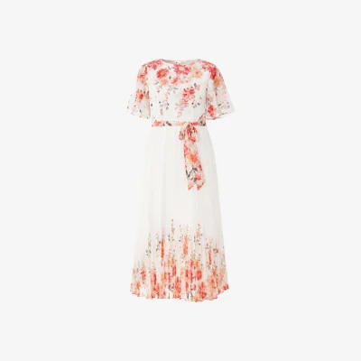 Wolf & Badger Women's Yumi Mirror Floral Design Pleated Midi Dress In White | S