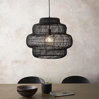 Cult Furniture £20  Off  Karys Large Tiered Pendant Light, Black Rattan
