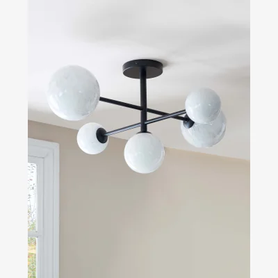 Danetti Riley Black Semi Flush Pendant Light with Marble Look Glass