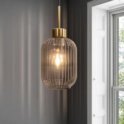 Furniture123 Smoked Ribbed Glass & Gold Pendant Light-Lawrence