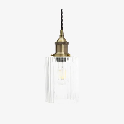 French Bedroom Henley Cylinde Petite Fluted Glass Pendant Light in Antique Brass