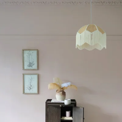 French Bedroom Fringed Rattan Pendant Light in Natural