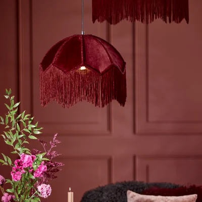 French Bedroom Fringed Berry Red Velvet Pendant Light, Medium