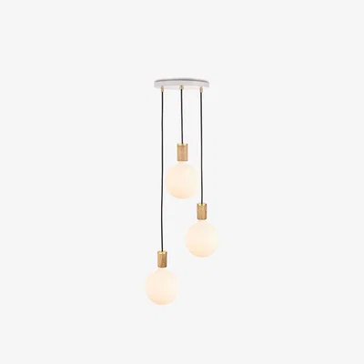Heal's Tala Small White Canopy With 3 Oak Pendants and 3 Sphere IV Bulbs - Heal's UK Lighting