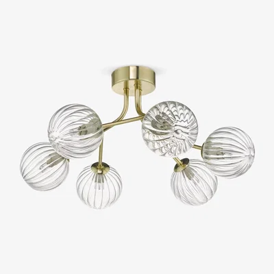 John Lewis Där Yiska Ribbed Glass Semi Flush Ceiling Light, Clear/Gold