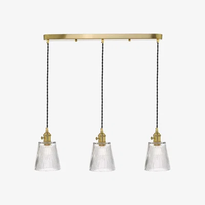 Knees dar lighting Had3640-05 Hadano 3 Light Brass Suspension With Ribbed Glass Shades