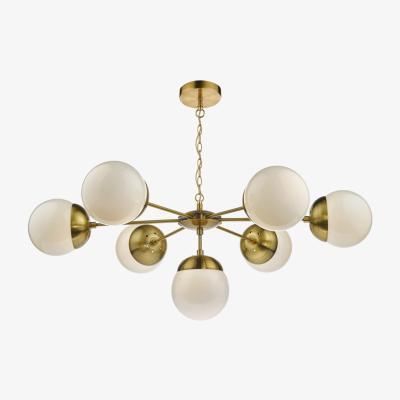 Knees Dar Lighting BOM3435 Bombazine 7 Light Pendant Natural Brass And White Opal Glass