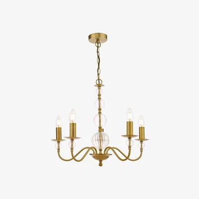 Knees dar lighting LYZ0545 Lyzette 5 Light Armed Fitting Aged Brass Ribbed Glass