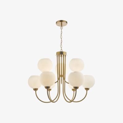 Knees dar lighting Ind1335 Indra Opal Glass Globe 9 Light Pendant Natural Brass