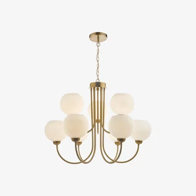 Knees dar lighting Ind1335 Indra Opal Glass Globe 9 Light Pendant Natural Brass