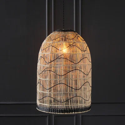 La Redoute Natural with Black Woden Wave Dome Seagrass Pendant Ceiling Shade (H55cm)