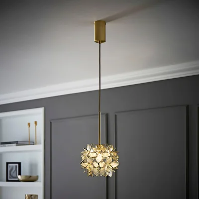 La Redoute Brushed Gold Thread Ceiling Light with Glass Flower Shade