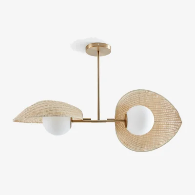 La Redoute Javana Double Opaline Ceiling Light in Rattan/brass