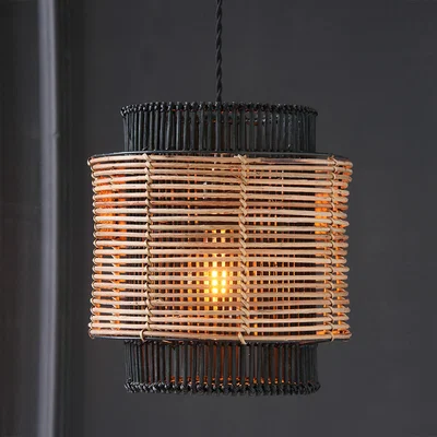 La Redoute Black with Natrual Contrast Cylinder Bamboo and Rattan Pendant Ceiling Shade