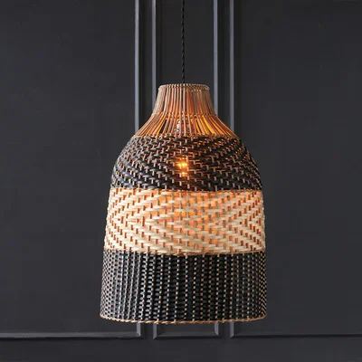 La Redoute Natural and Black Panel Dome Bamboo/Rattan Pendant Ceiling Shade (H55cm)