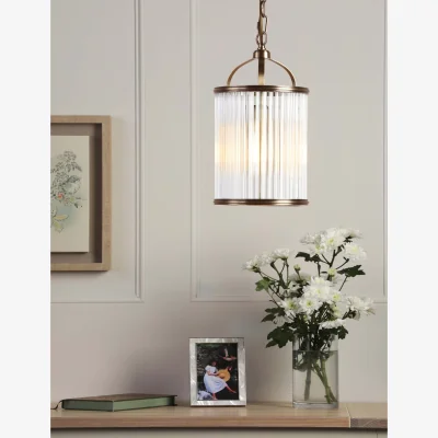 Marks & Spencer Laura Ashley Sutton Metal & Ribbed Glass Pendant Light Antique Brass
