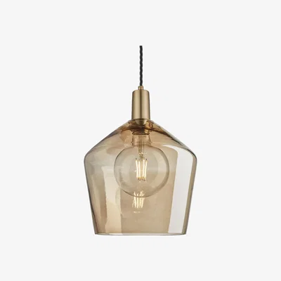 Olivia's Industville Sleek Tinted Glass Schoolhouse Amber Pendant / 10 Inch Pewter Holder