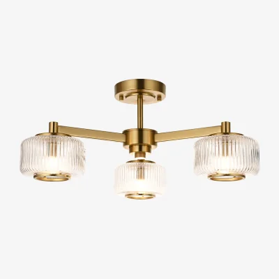 Perch and Parrow Boxford 3Lt Semi Flush in Brushed Aged Brass and Ribbed Glass