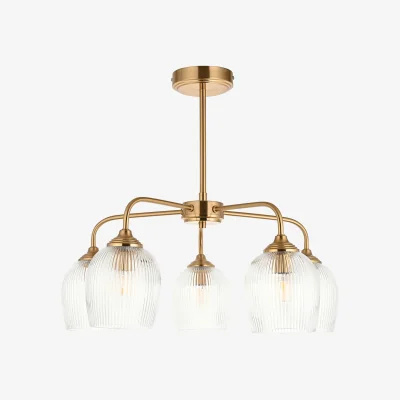 Perch and Parrow Crocus Ribbed 5Lt Pendant in Brushed Aged Brass and Ribbed Glass