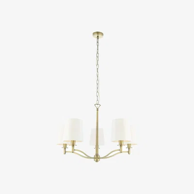 Perch and Parrow Odelia Five Light Pendant in Antique Brass with Vintage White Fabric