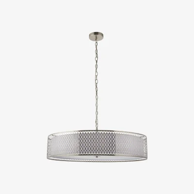 Perch and Parrow Simone 5Lt Grand Pendant in Satin Nickel, White Fabric and Frosted Glass