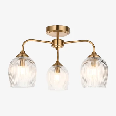 Perch and Parrow Crocus Ribbed 3Lt Semi Flush in Brushed Aged Brass and Ribbed Glass