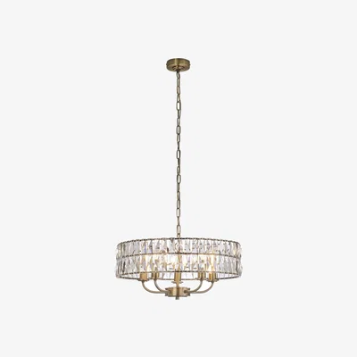 Perch and Parrow Clayton Crystal Glass Five Light Pendant in Antique Brass
