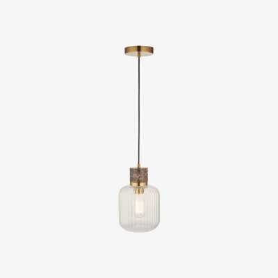 Perch and Parrow Sloane Ribbed Pendant in Dark Brown Emperador Marble, Vintage Brass and Ribbed Glass