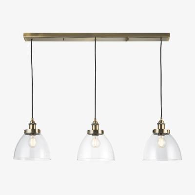 Perch and Parrow Ralph Clear Glass Three Light Pendant in Antique Brass