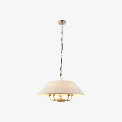 Perch and Parrow Sylvia 5Lt Pendant in Antique Brass and Natural Faux Linen